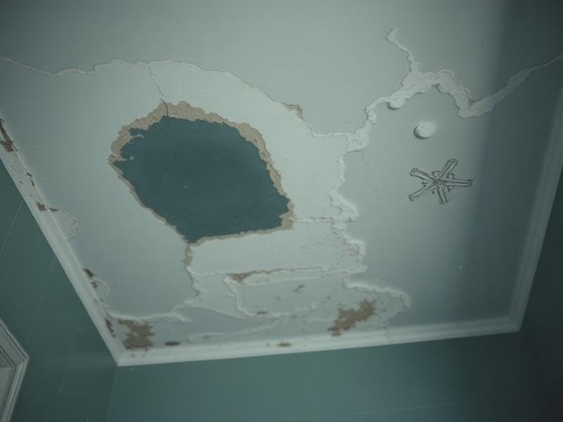 Water damage on a ceiling from a bathroom leak
