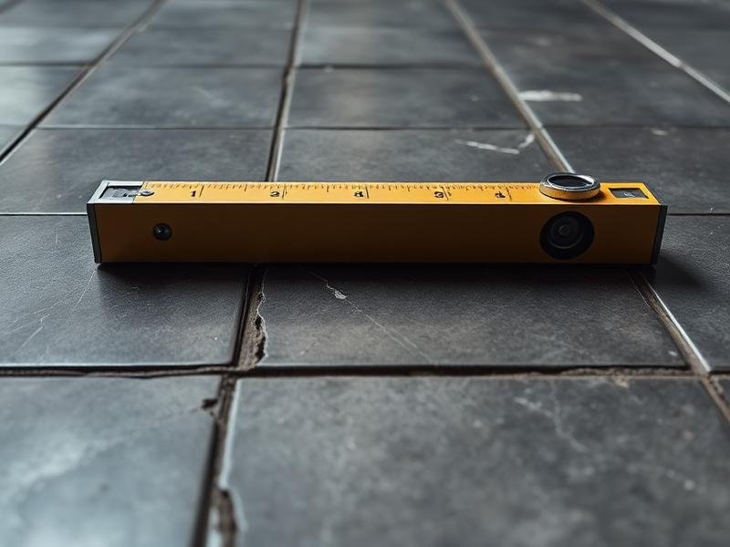 Uneven tiles with lippage checked by a level