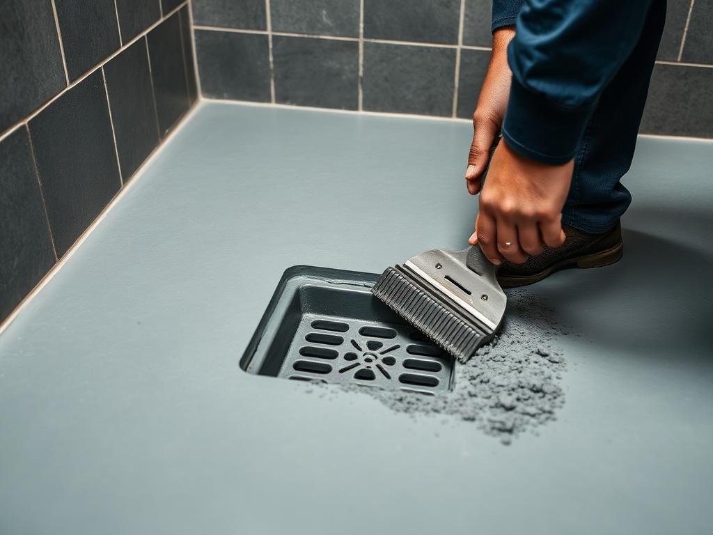 Screed falls shaped toward a floor waste drain