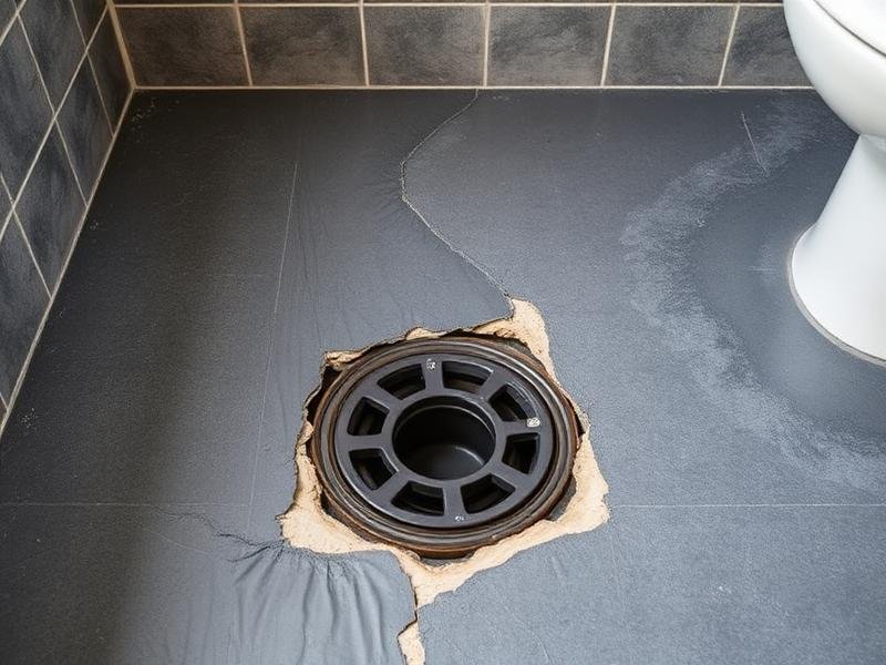 Failed patchy waterproofing membrane around a floor waste