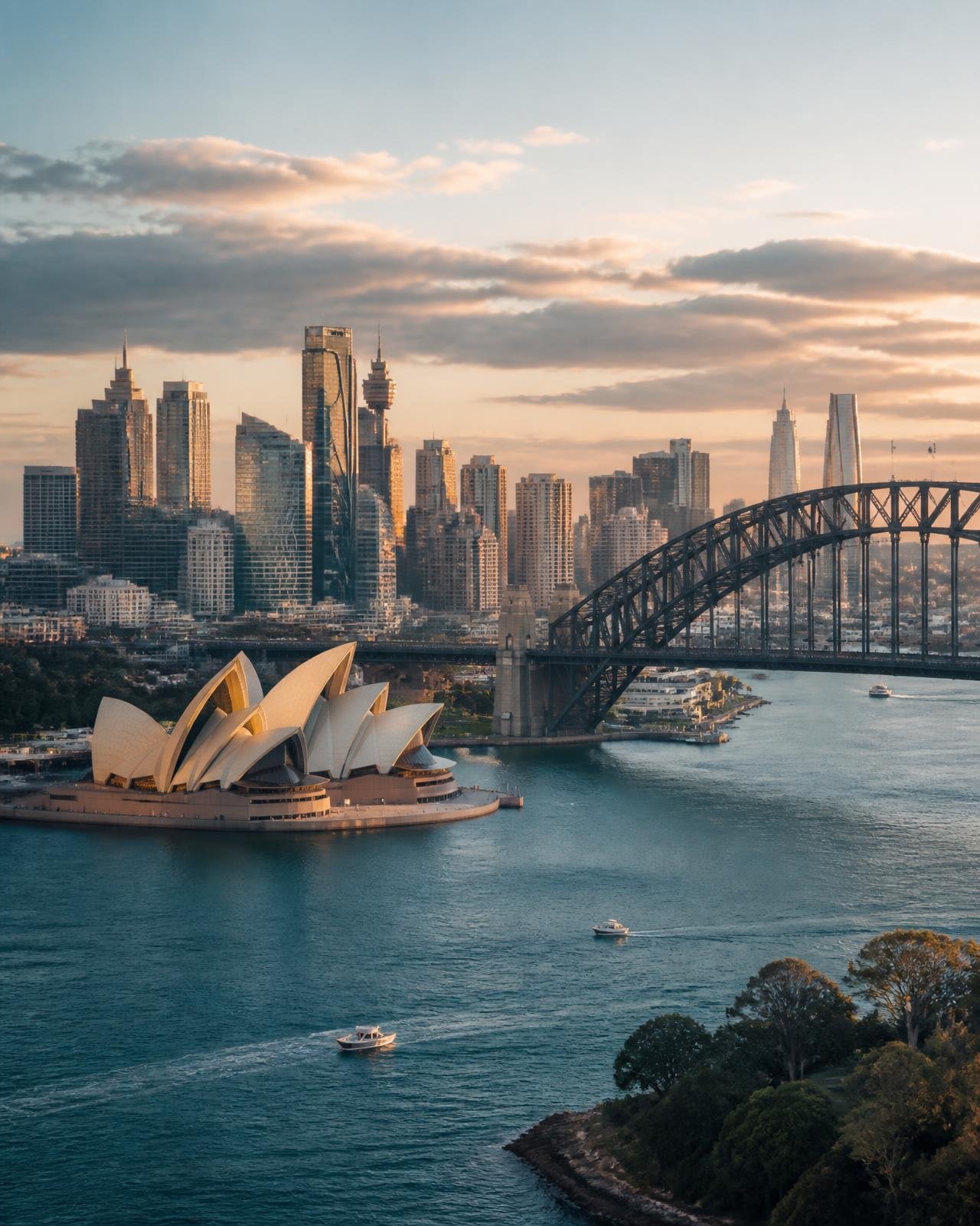 Sydney harbour and city skyline at golden hour